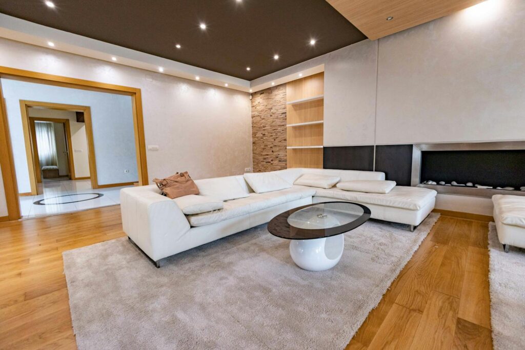 Spacious, modern living room with minimalist decor and elegant furnishings.